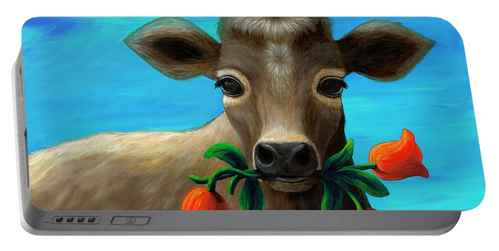 Rebecca Portable Battery Charger featuring the painting Happy Cow by Rebecca Parker
