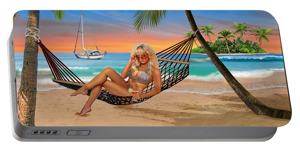 Happy Hour Portable Battery Charger featuring the digital art Happy Hour on the Beach by Glenn Holbrook