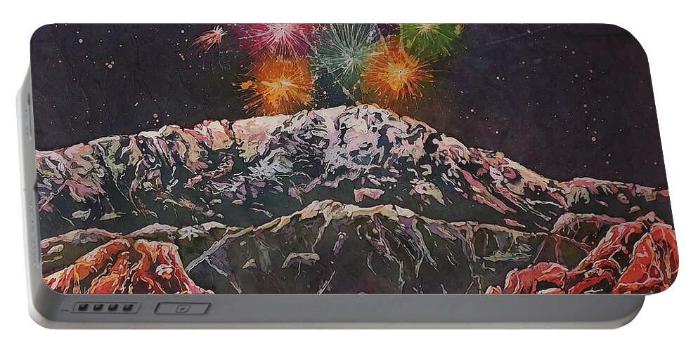 Fireworks Portable Battery Charger featuring the mixed media Happy New Year From America's Mountain by Carol Losinski Naylor