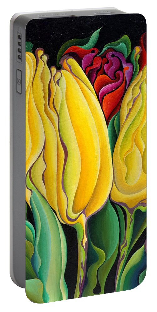 Tulips Portable Battery Charger featuring the painting Happy-Time Yellow Three-Lips by Amy Ferrari
