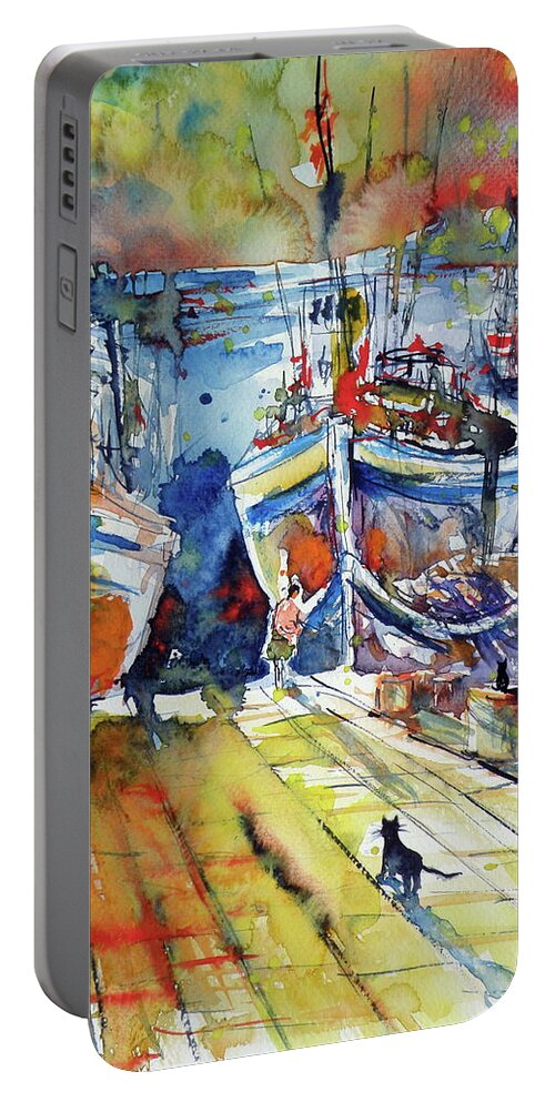 Harbor Portable Battery Charger featuring the painting Harbor with cats by Kovacs Anna Brigitta