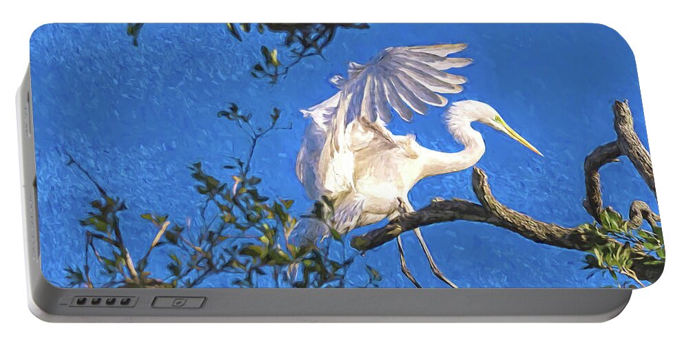 Egrets Portable Battery Charger featuring the digital art Hard Landing by DB Hayes