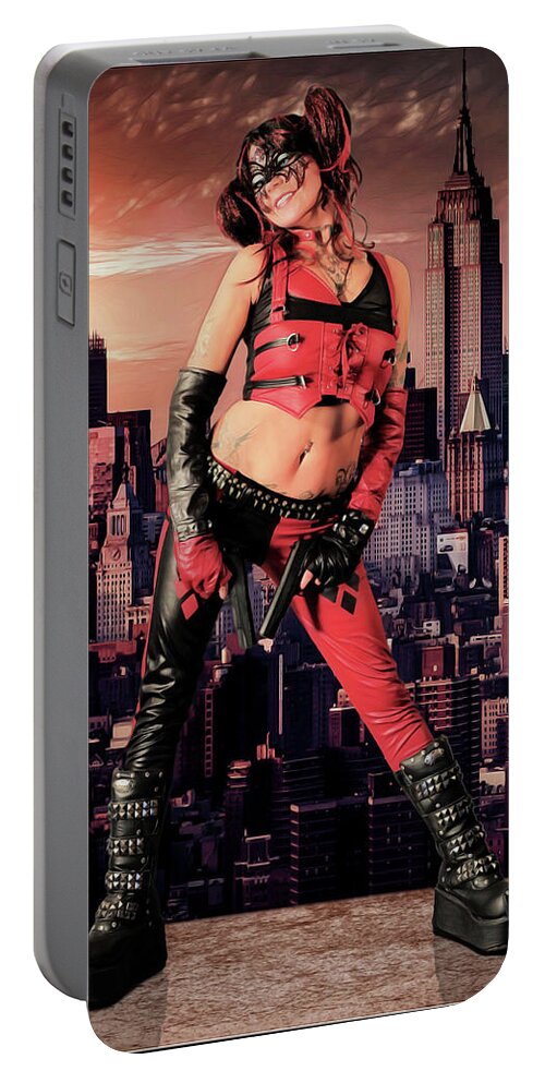 Harlequin Portable Battery Charger featuring the photograph Harley Night On The Town by Jon Volden