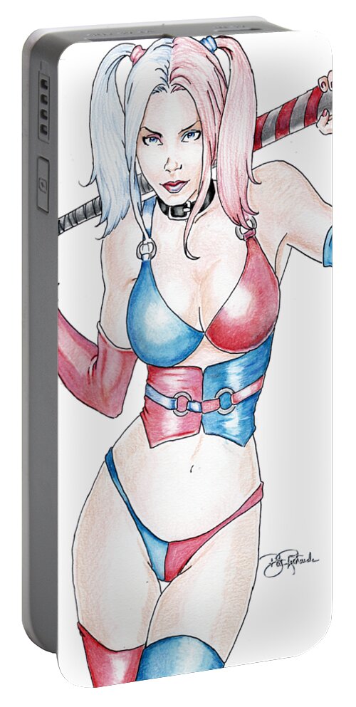 Harley Portable Battery Charger featuring the drawing Harley with bat by Bill Richards