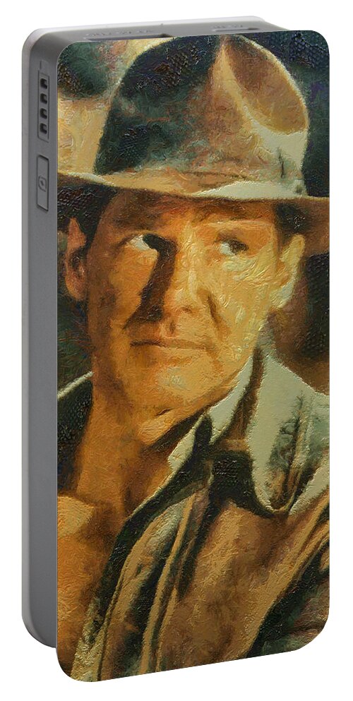 Portrait Portable Battery Charger featuring the digital art Harrison Ford as Indiana Jones by Charmaine Zoe