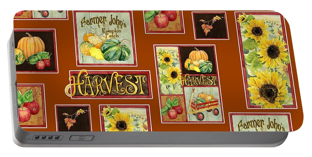 Harvest Portable Battery Charger featuring the painting Harvest Market Pumpkins Sunflowers n Red Wagon by Audrey Jeanne Roberts