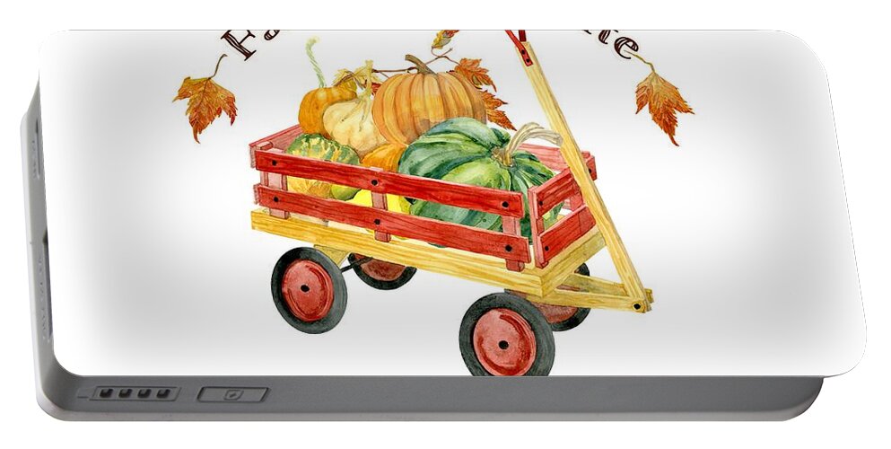 Fall Is My Favorite Portable Battery Charger featuring the painting Harvest Red Wagon Pumpkins n Leaves by Audrey Jeanne Roberts
