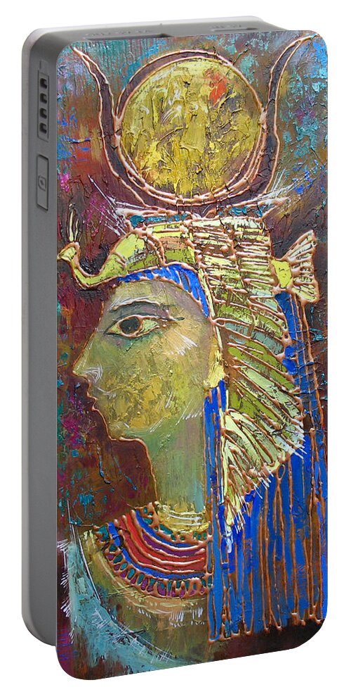 Hathor Portable Battery Charger featuring the painting Hathor. Goddess of Egypt by Valentina Kondrashova