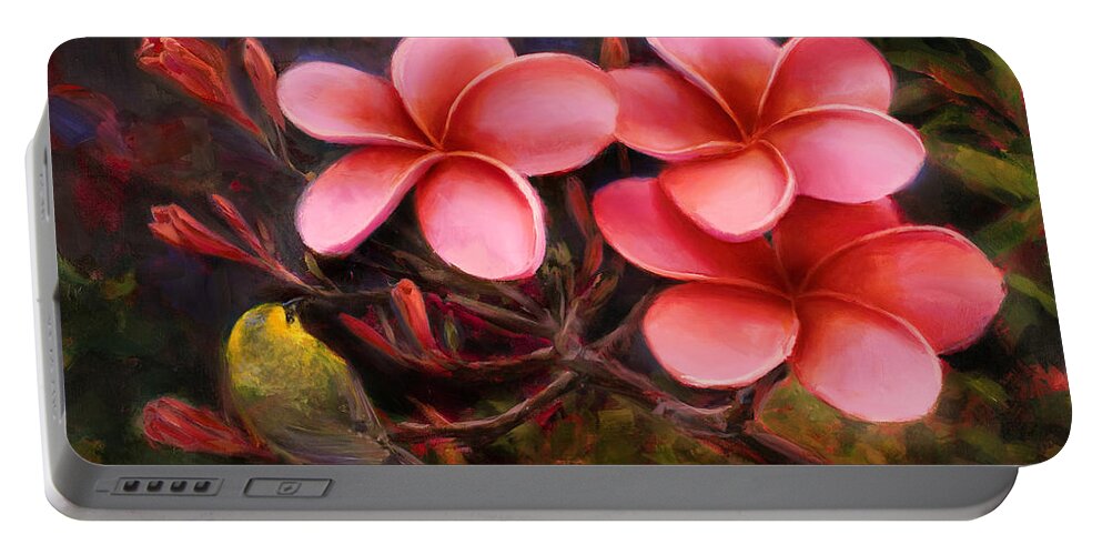 Pua Melia Portable Battery Charger featuring the painting Hawaiian Pink Plumeria and Amakihi Bird by K Whitworth
