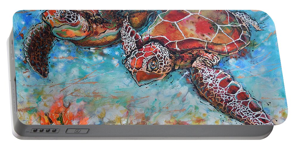 Marine Turtles Portable Battery Charger featuring the painting Hawksbill Sea Turtles by Jyotika Shroff