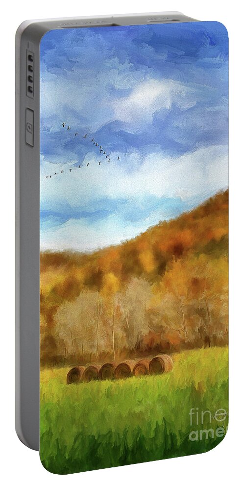 Hay Bale Portable Battery Charger featuring the digital art Hay Bales by Lois Bryan