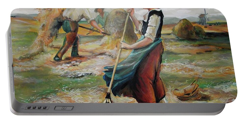 Landscape Portable Battery Charger featuring the painting Hay Field Workers by Mike Benton
