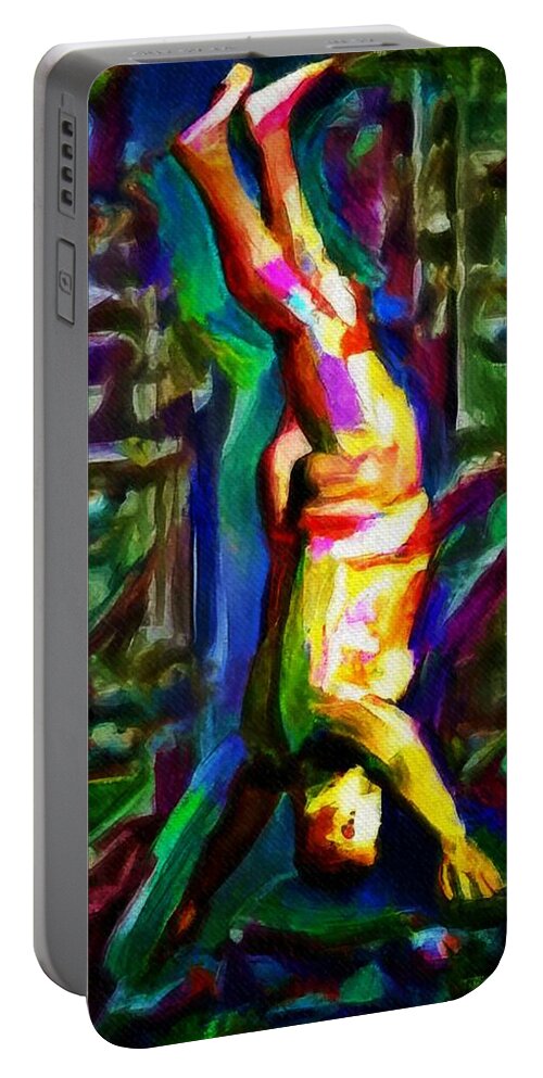 Headstand Portable Battery Charger featuring the painting Headstand naked unconventional figure portrait painting bright colorful gymnastics old man nude male men athletic stomach fat feet head hands rainbow by MendyZ