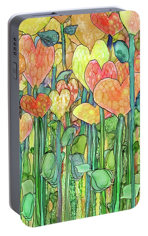 Carol Cavalaris Portable Battery Charger featuring the mixed media Heart Bloomies 2 - Golden by Carol Cavalaris