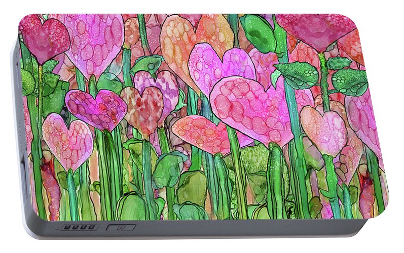 Carol Cavalaris Portable Battery Charger featuring the mixed media Heart Bloomies 4 - Pink and Red by Carol Cavalaris