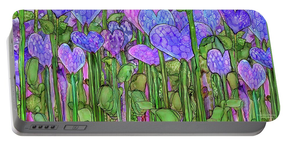 Carol Cavalaris Portable Battery Charger featuring the mixed media Heart Bloomies 4 - Purple by Carol Cavalaris