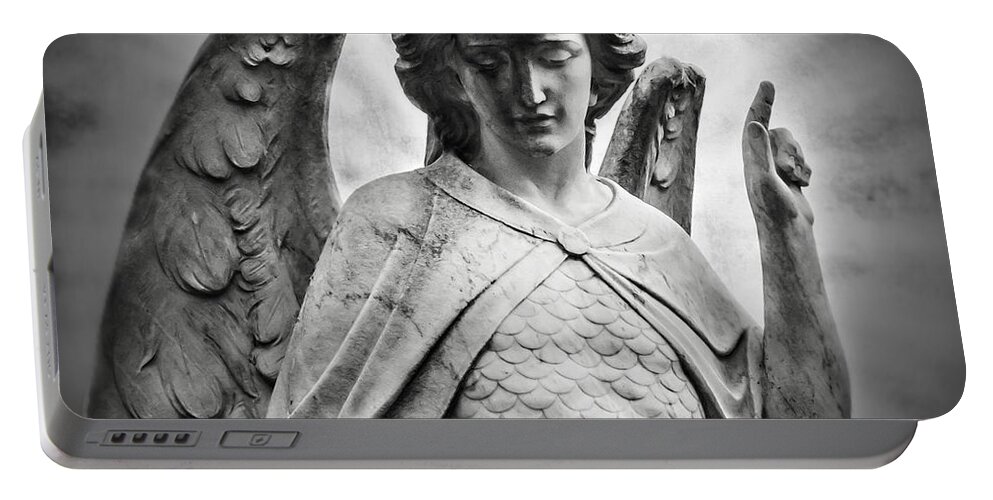 Heaven Waits Portable Battery Charger featuring the photograph Heaven Waits Archangel Michael Black and White by Melissa Bittinger
