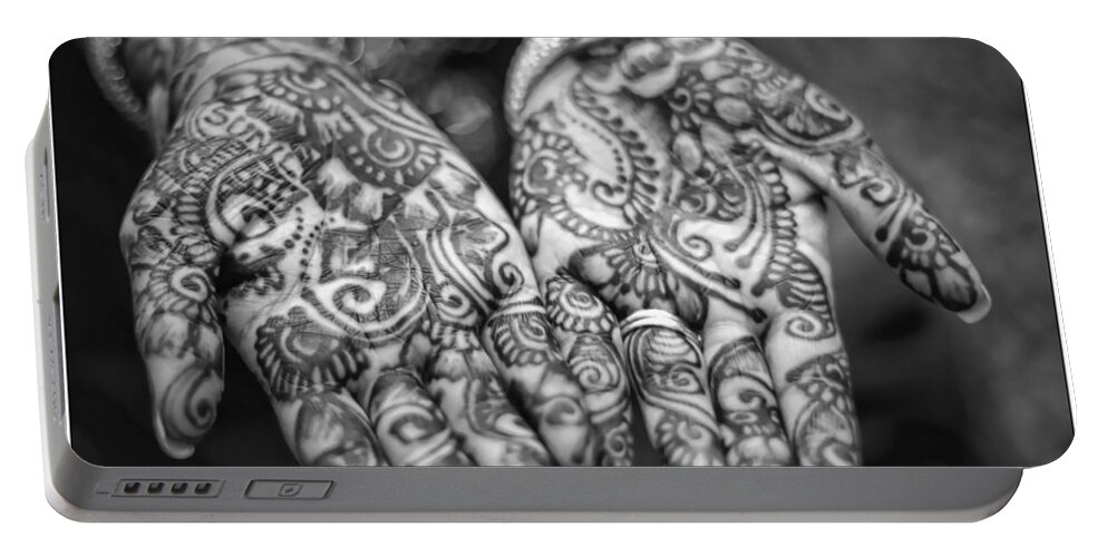 Henna Portable Battery Charger featuring the photograph Henna Hands Black And White by Jean Francois Gil