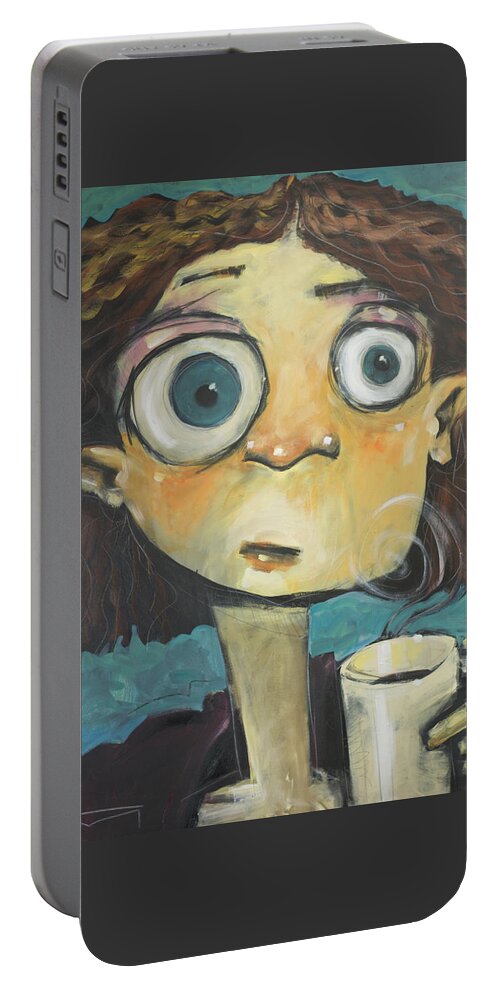 Coffee Portable Battery Charger featuring the painting Her First Sip Of Coffee by Tim Nyberg