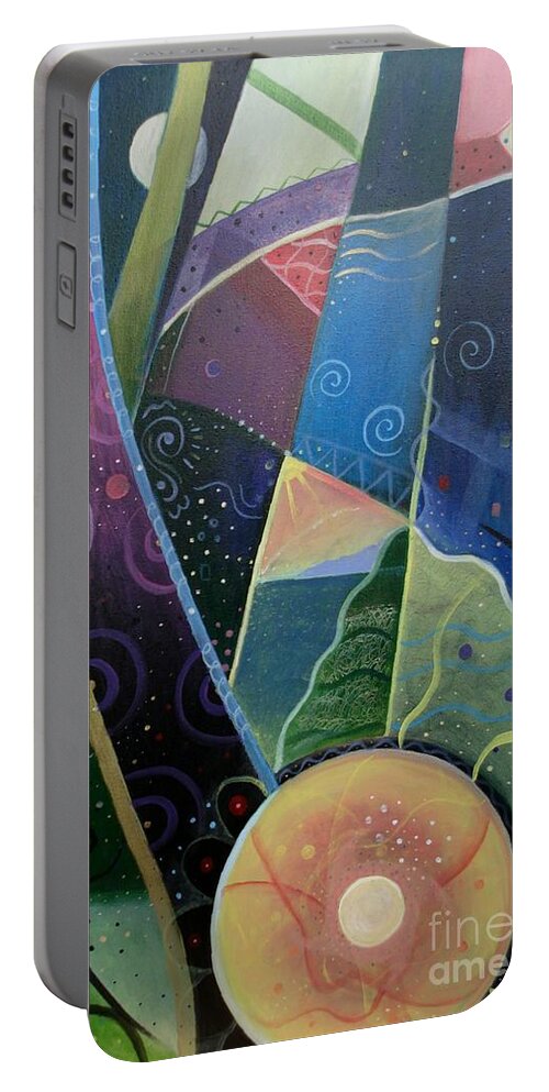 Multi-dimensional Portable Battery Charger featuring the painting Here and There by Helena Tiainen