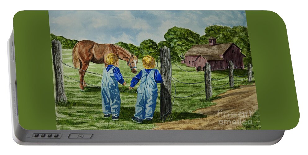 Country Kids Art Portable Battery Charger featuring the painting Here Horsey Horsey by Charlotte Blanchard