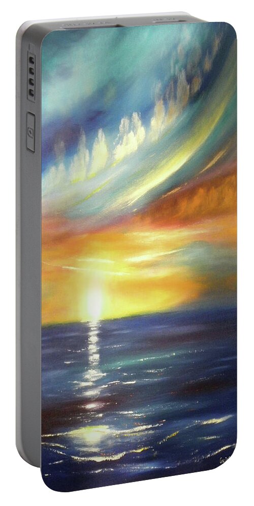Brown Portable Battery Charger featuring the painting Here It Goes - Vertical Colorful Sunset by Gina De Gorna