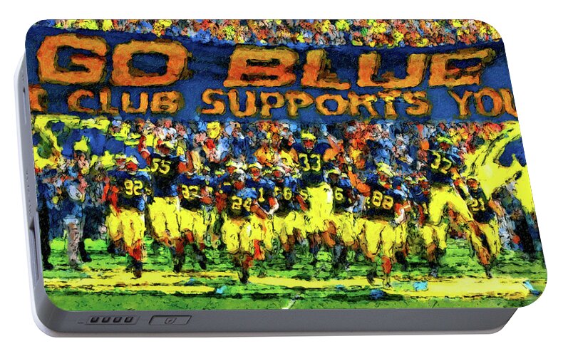 University Of Michigan Portable Battery Charger featuring the painting Here We Come by John Farr