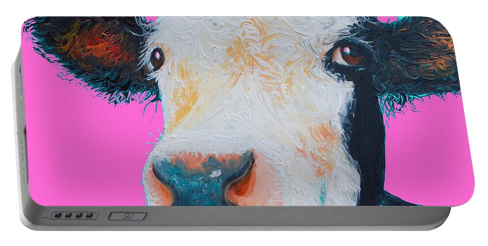 Hereford Cow Portable Battery Charger featuring the painting Hereford cow on hot pink by Jan Matson