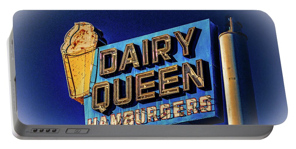Blue Portable Battery Charger featuring the photograph Heritage Dairy Queen Neon Sign by Paul LeSage