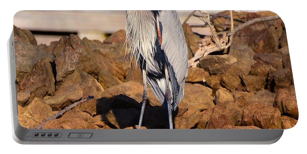 Heron On The Rocks Portable Battery Charger featuring the photograph Heron On The Rocks by Lisa Wooten