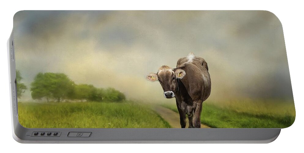 Cow Portable Battery Charger featuring the photograph Hi Guys by Eva Lechner