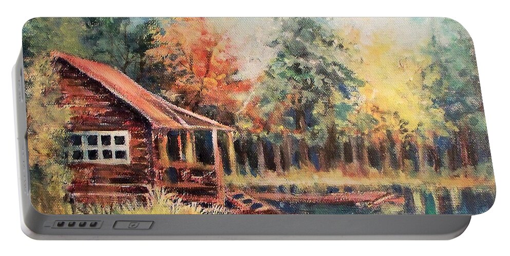 Cabin Portable Battery Charger featuring the painting Hide Out Cabin by Linda Shackelford