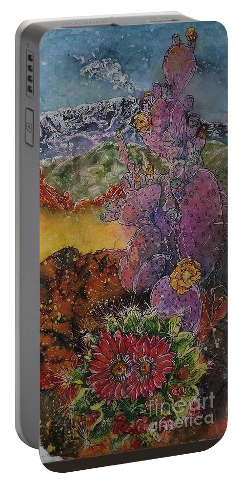 Watercolor Batik Portable Battery Charger featuring the mixed media High Desert Spring by Carol Losinski Naylor