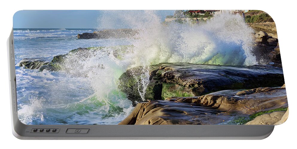 High Portable Battery Charger featuring the photograph High Tide On The Rocks by Eddie Yerkish