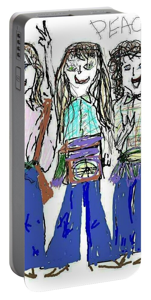 Woman Portable Battery Charger featuring the drawing Hippie Chicks Early 70s by Kathy Barney