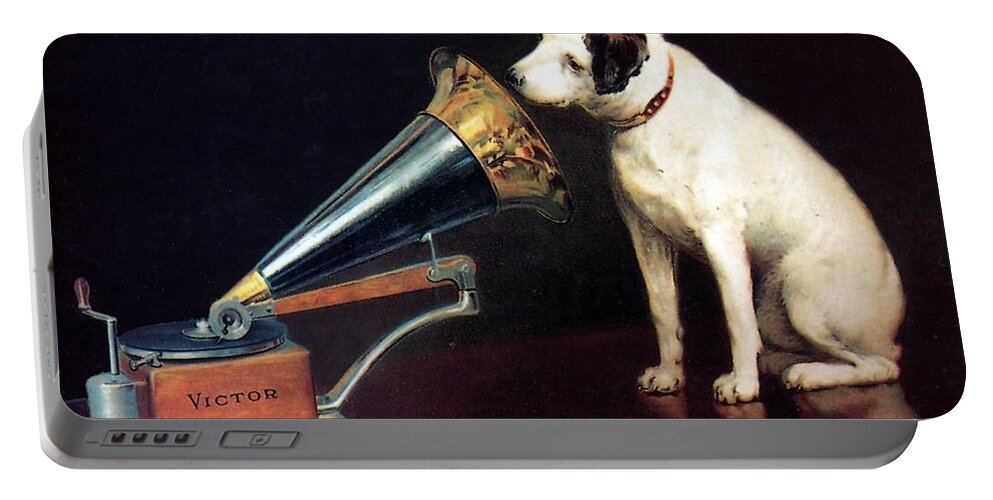 His Master's Voice Portable Battery Charger featuring the mixed media His Master's Voice - HMV - Dog and Gramophone - Vintage Advertising Poster by Studio Grafiikka