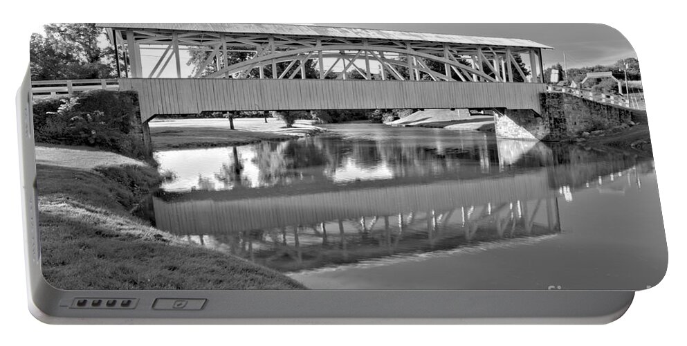 Halls Mill Covered Bridge Portable Battery Charger featuring the photograph Historic Halls Mill Bridge Reflections Black And White by Adam Jewell
