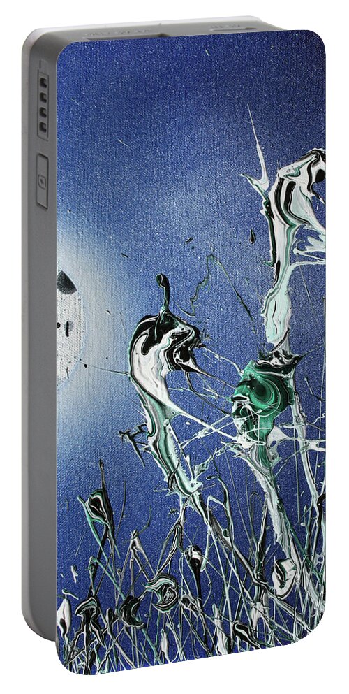 Moon Portable Battery Charger featuring the painting Hitching a Ride on an Unrelenting Spark by Ric Bascobert