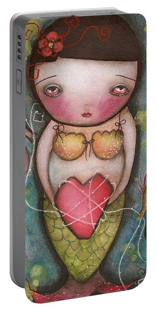 Mermaid Portable Battery Charger featuring the painting Holding Tight by Abril Andrade