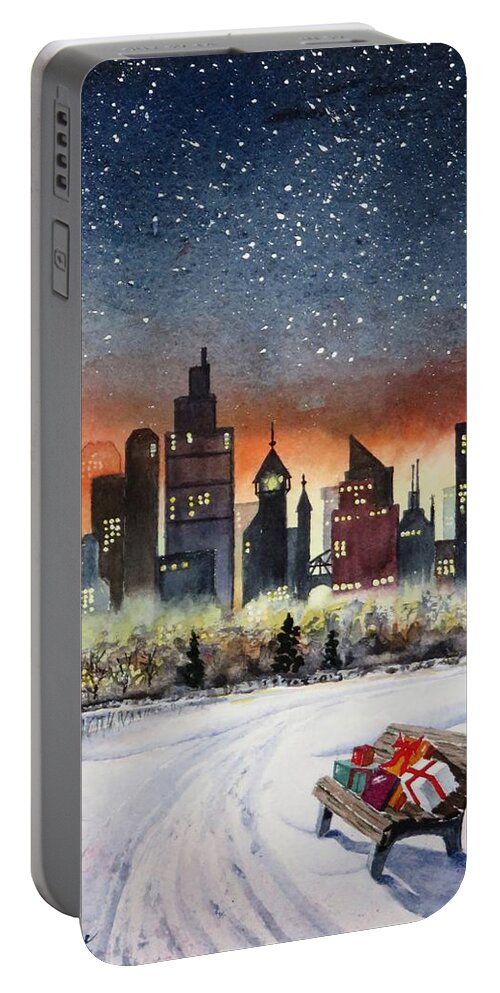 Watercolor Portable Battery Charger featuring the painting Holiday Skyline by Joseph Burger