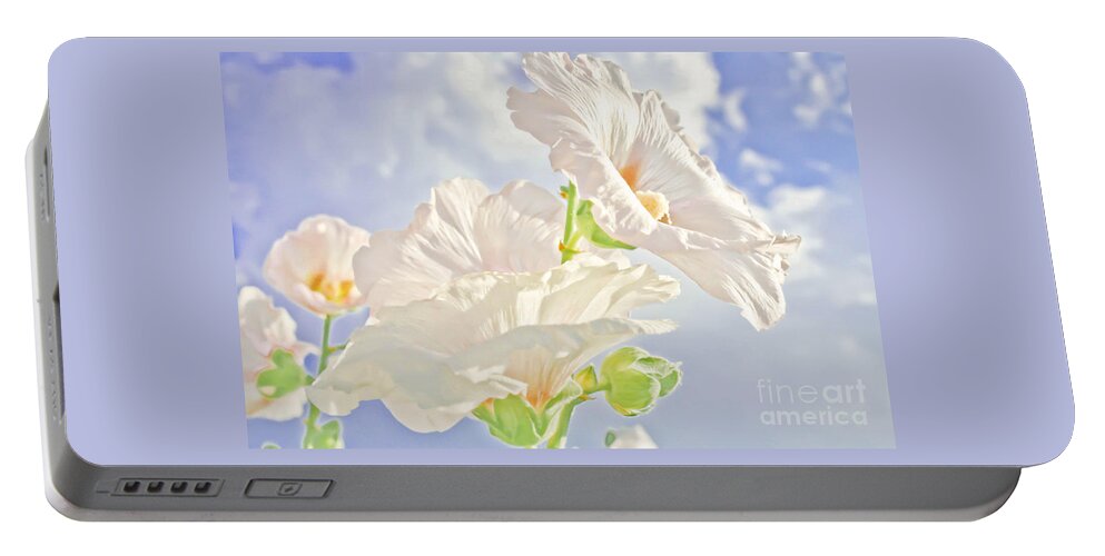 Flowers Portable Battery Charger featuring the photograph Hollyhocks And Sky by Barbara Dean