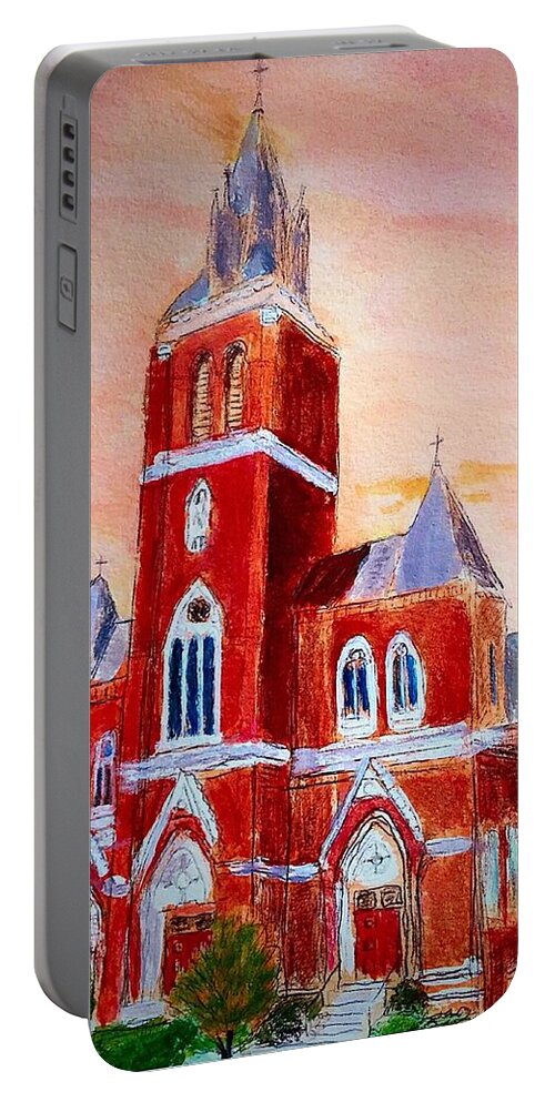 Amesbury Portable Battery Charger featuring the painting Holy Family Church by Anne Sands