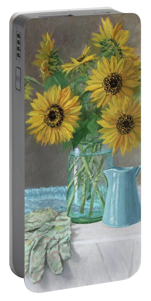 Bountiful Portable Battery Charger featuring the painting Homegrown - Sunflowers in a Mason jar with gardening gloves and blue cream pitcher by Bonnie Mason