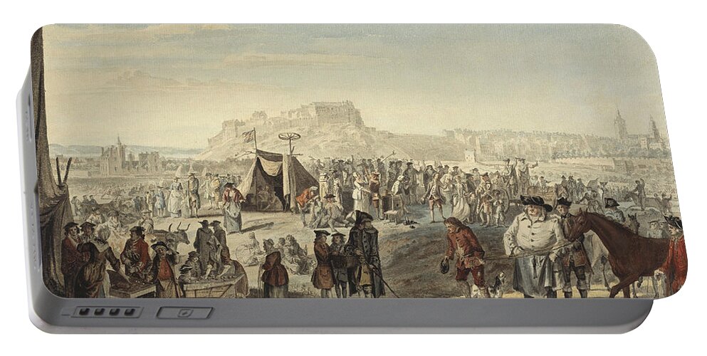 Paul Sandby Portable Battery Charger featuring the painting Horse Fair on Bruntsfield Links, Edinburgh by Paul Sandby