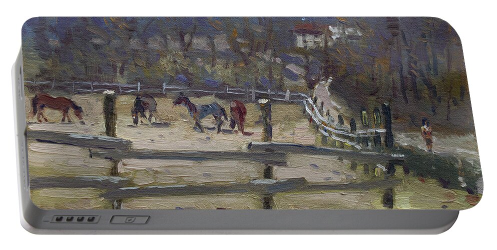 Horse Farm Portable Battery Charger featuring the painting Horse Farm in Limana by Ylli Haruni