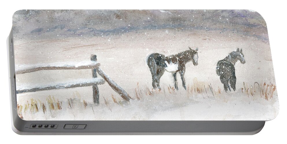 Horses Portable Battery Charger featuring the painting Horses in Snow by Sheila Johns