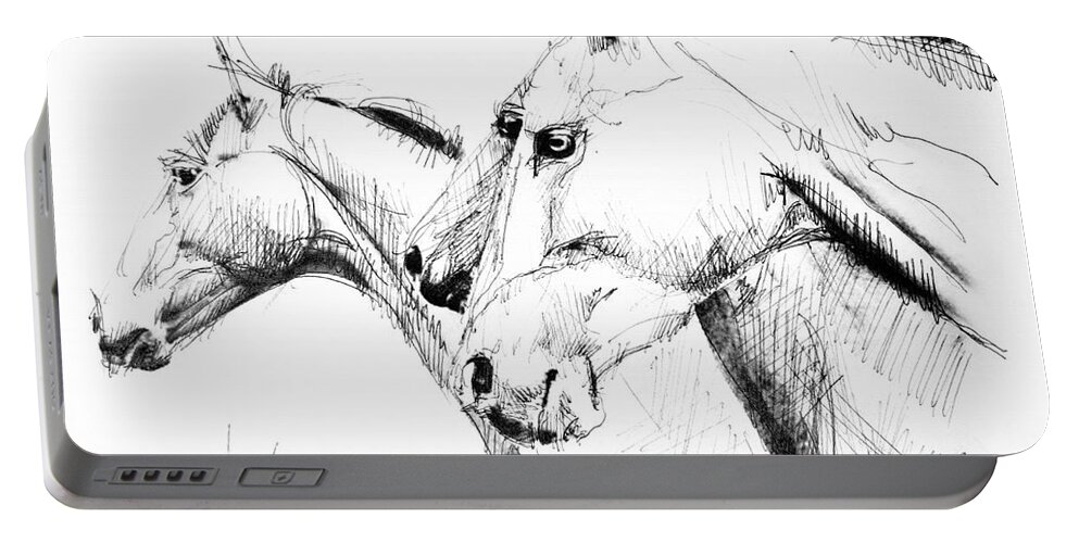 Horses Portable Battery Charger featuring the drawing Horses - ink drawing by Daliana Pacuraru