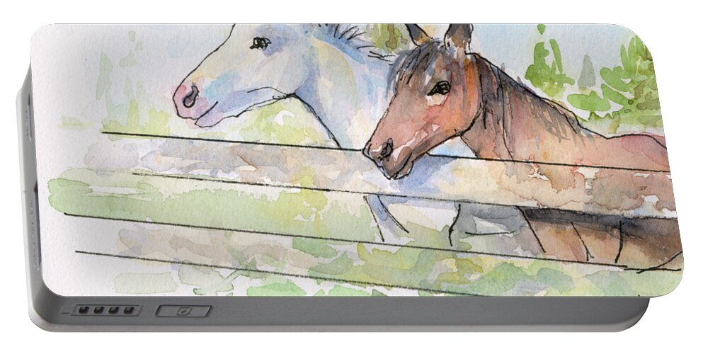 Watercolor Portable Battery Charger featuring the painting Horses Watercolor Sketch by Olga Shvartsur
