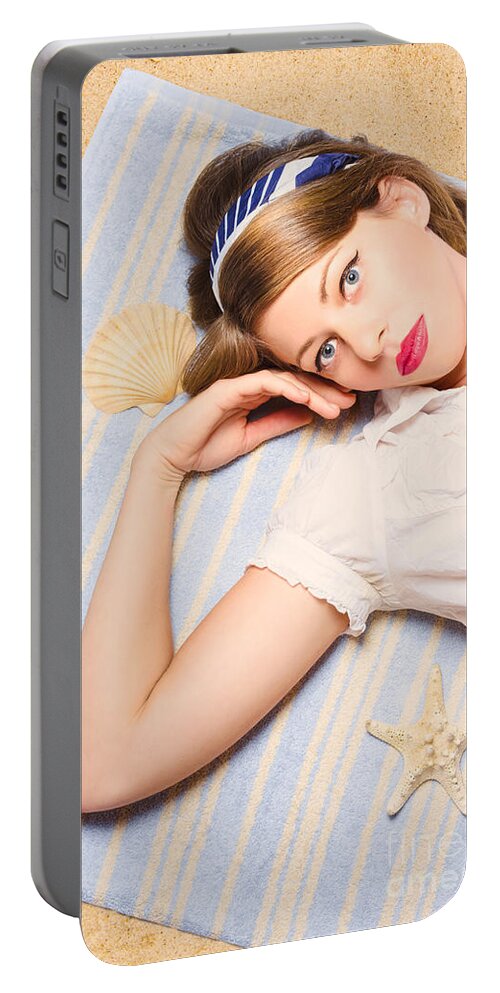 Australia Portable Battery Charger featuring the photograph Hot retro pinup girl lying on beach in Australia by Jorgo Photography