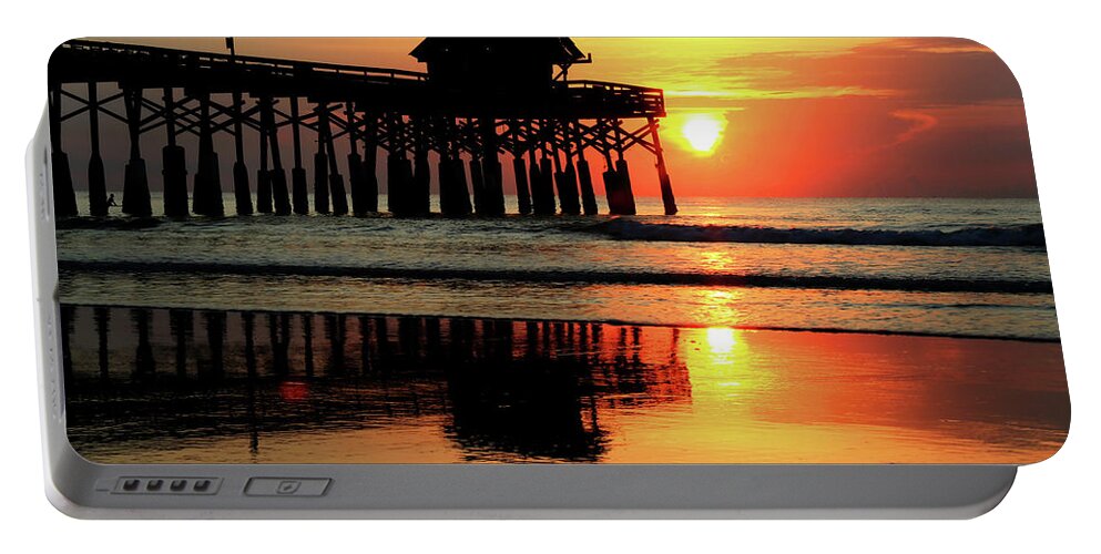 Cocoa Beach Pier Portable Battery Charger featuring the photograph Hot Sunrise Over Cocoa Beach Pier by Carol Montoya